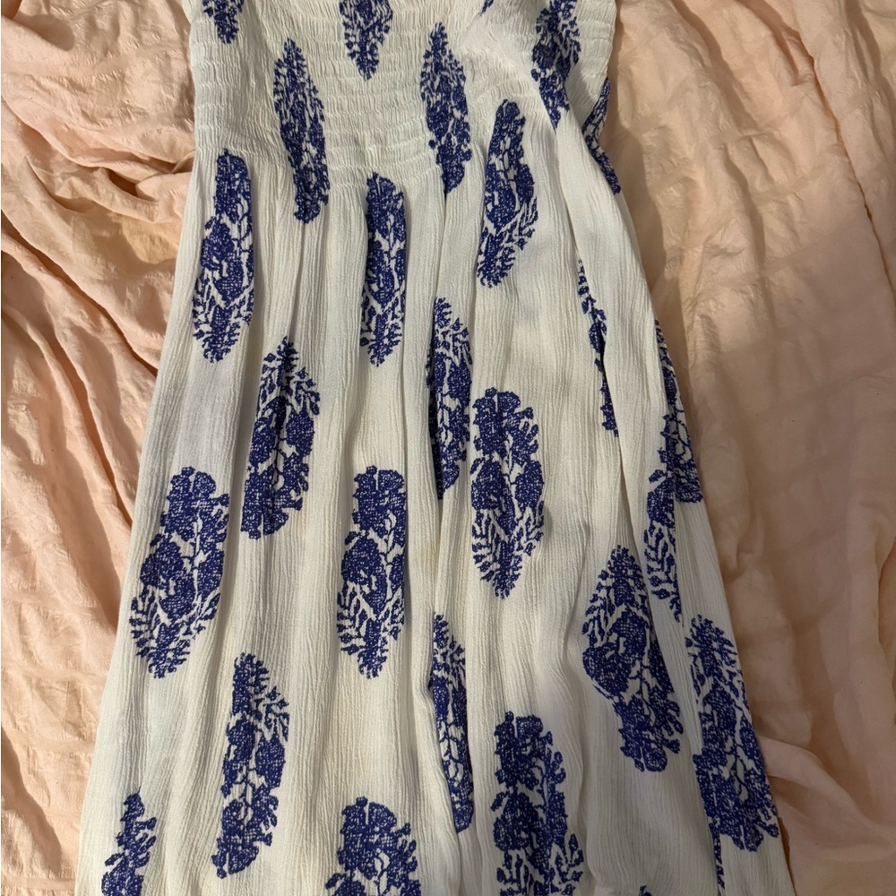 White Dress with Blue Leaf Print